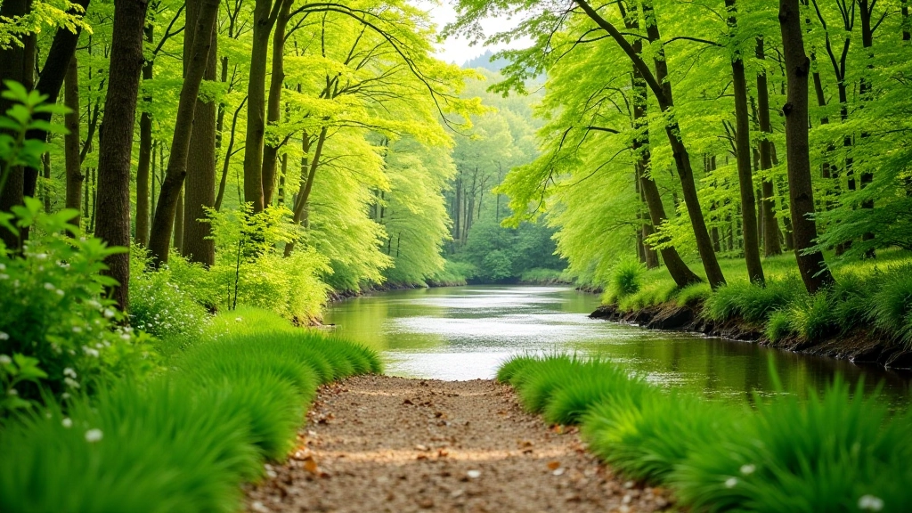 Skaista meža taka ar upju loku fona, pavasarīga atmodināšanās, zaļš mežs, dzīva flora