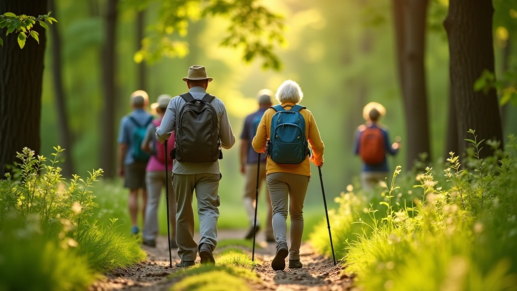 Seniori pastaigājas kopā ar nūjām, smaidot un sarunājoties
